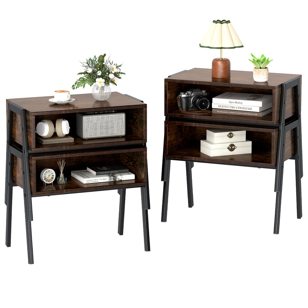 Giantex Stackable End Table Set of 2, Compact Nightstands w/Metal Frame &amp; Open Compartments
