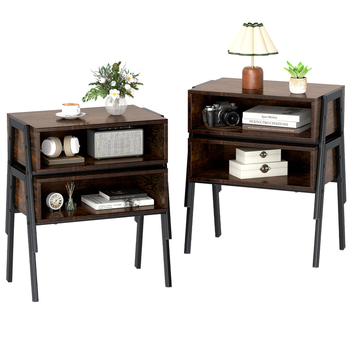 Giantex Stackable End Table Set of 2, Compact Nightstands w/Metal Frame &amp; Open Compartments