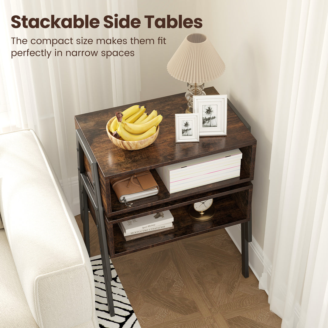 Giantex Stackable End Table Set of 2, Compact Nightstands w/Metal Frame &amp; Open Compartments