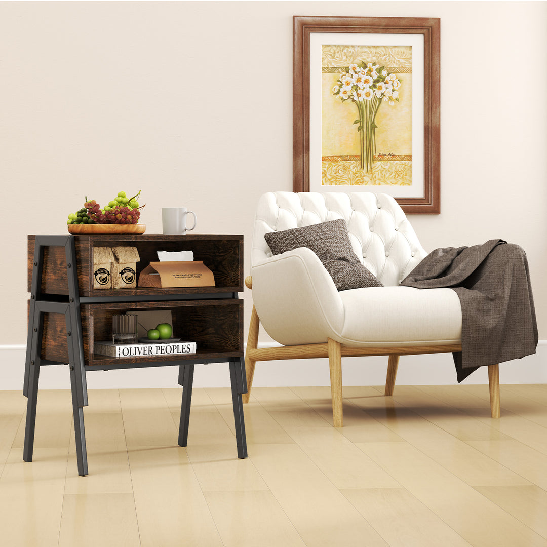 Giantex Stackable End Table Set of 2, Compact Nightstands w/Metal Frame &amp; Open Compartments