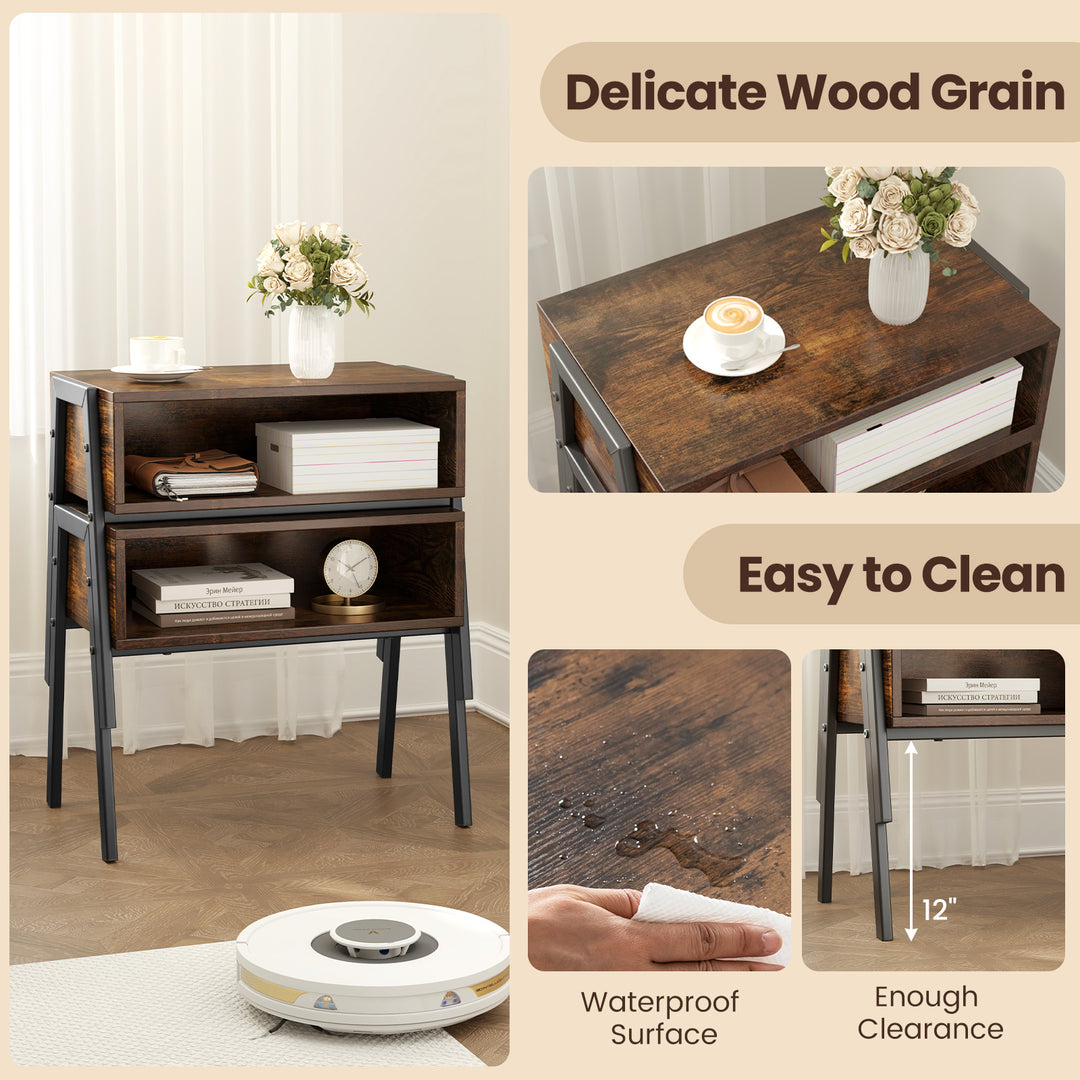 Giantex Stackable End Table Set of 2, Compact Nightstands w/Metal Frame &amp; Open Compartments