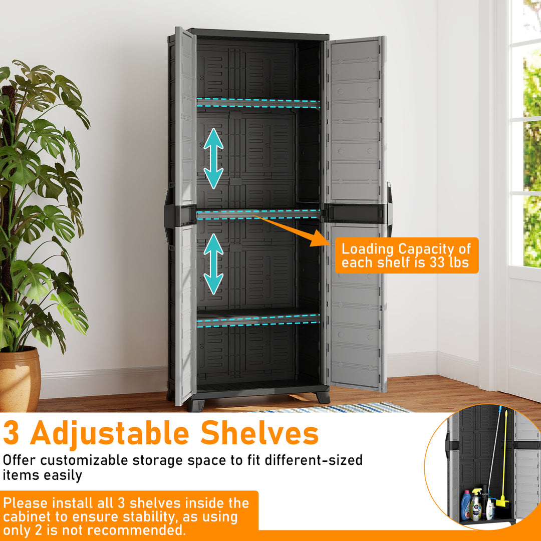68" Lockable Storage Cabinet, PP Garage Storage Shed with Doors, 3 Adjustable Shelves