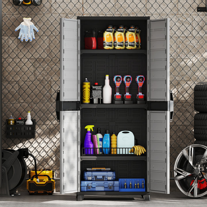 68" Lockable Storage Cabinet, PP Garage Storage Shed with Doors, 3 Adjustable Shelves
