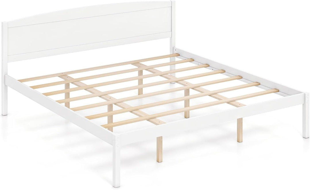 GIANTEX Wooden Bed Frame with Curved Headboard, Wood Slat Support | Farmhouse Platform Bed w/Heavy Duty Mattress Foundation