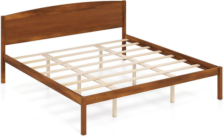 GIANTEX Wooden Bed Frame with Curved Headboard, Wood Slat Support | Farmhouse Platform Bed w/Heavy Duty Mattress Foundation