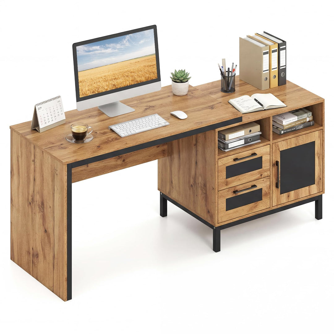 Giantex 71" Farmhouse Executive Desk with Open Compartments Storage Drawers &amp; Single-Door Cabinet