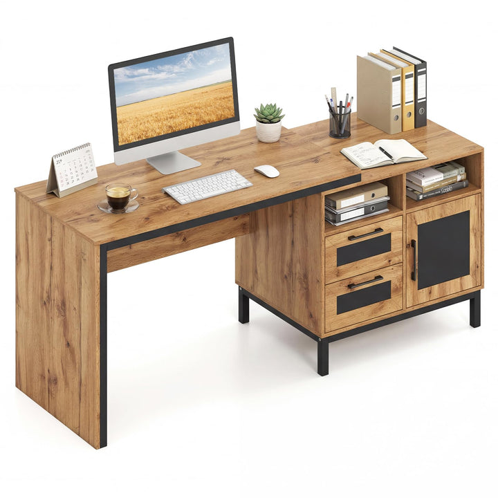 Giantex 71" Farmhouse Executive Desk with Open Compartments Storage Drawers &amp; Single-Door Cabinet