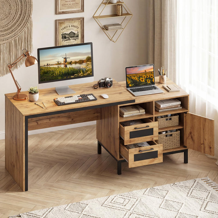 Giantex 71" Farmhouse Executive Desk with Open Compartments Storage Drawers &amp; Single-Door Cabinet