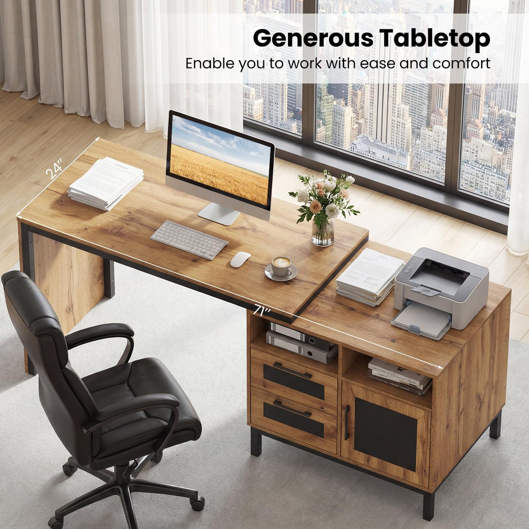 Giantex 71" Farmhouse Executive Desk with Open Compartments Storage Drawers &amp; Single-Door Cabinet