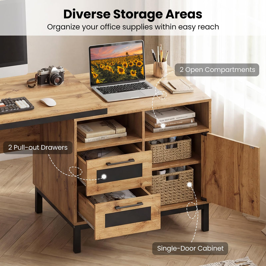 Giantex 71" Farmhouse Executive Desk with Open Compartments Storage Drawers &amp; Single-Door Cabinet