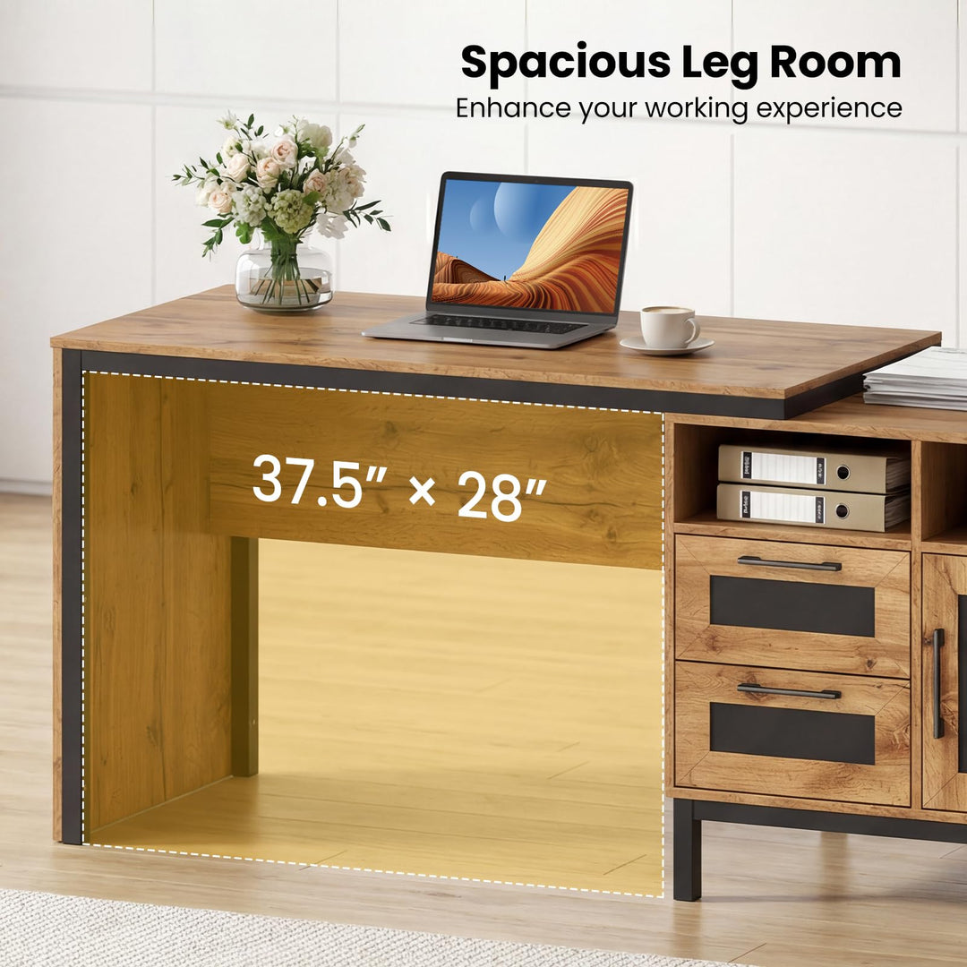 Giantex 71" Farmhouse Executive Desk with Open Compartments Storage Drawers &amp; Single-Door Cabinet