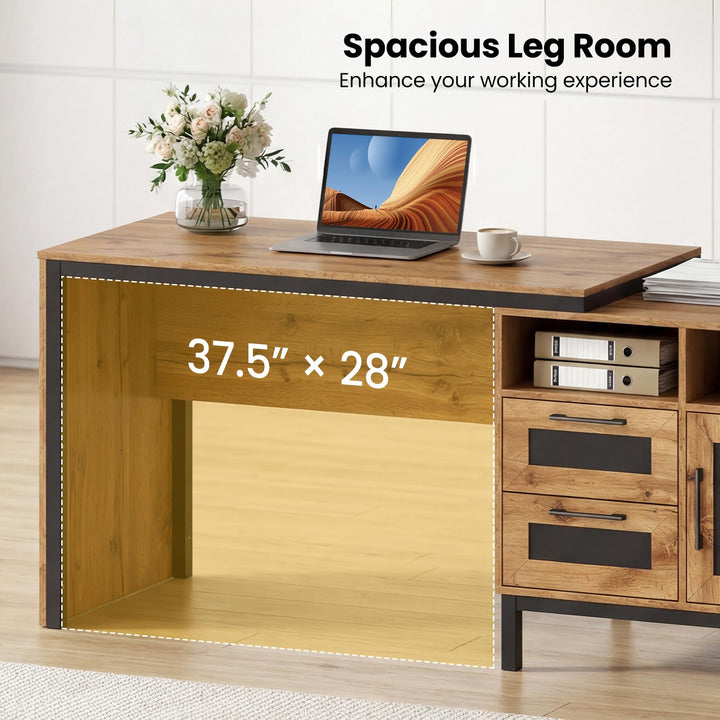 Giantex 71" Farmhouse Executive Desk with Open Compartments Storage Drawers &amp; Single-Door Cabinet