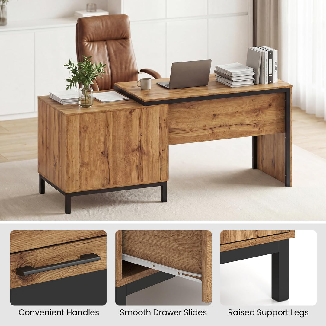 Giantex 71" Farmhouse Executive Desk with Open Compartments Storage Drawers &amp; Single-Door Cabinet