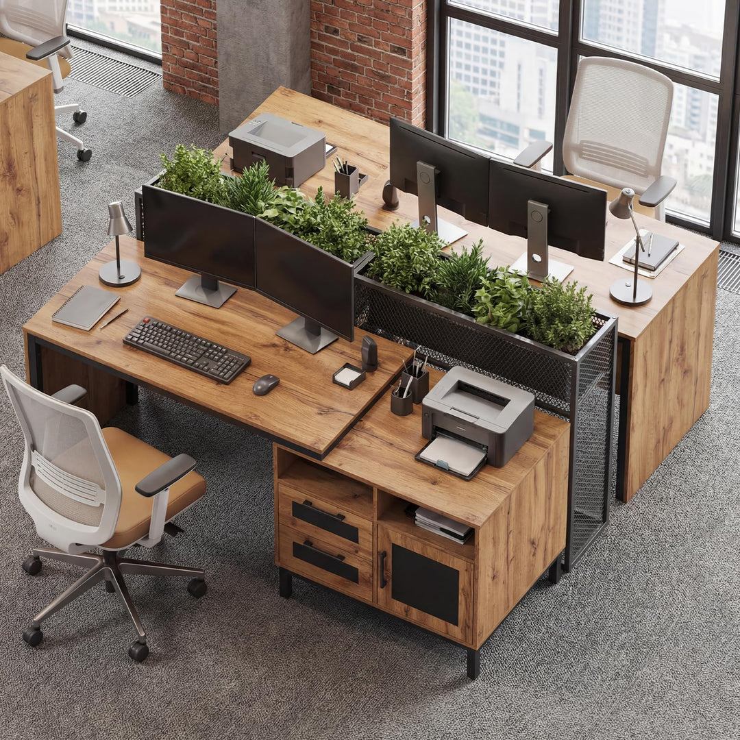Giantex 71" Farmhouse Executive Desk with Open Compartments Storage Drawers &amp; Single-Door Cabinet