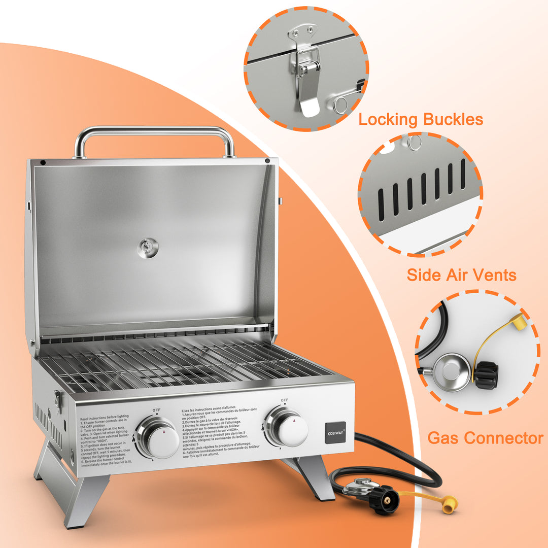 Propane TableTop Gas Grill Stainless Steel Two-Burner BBQ