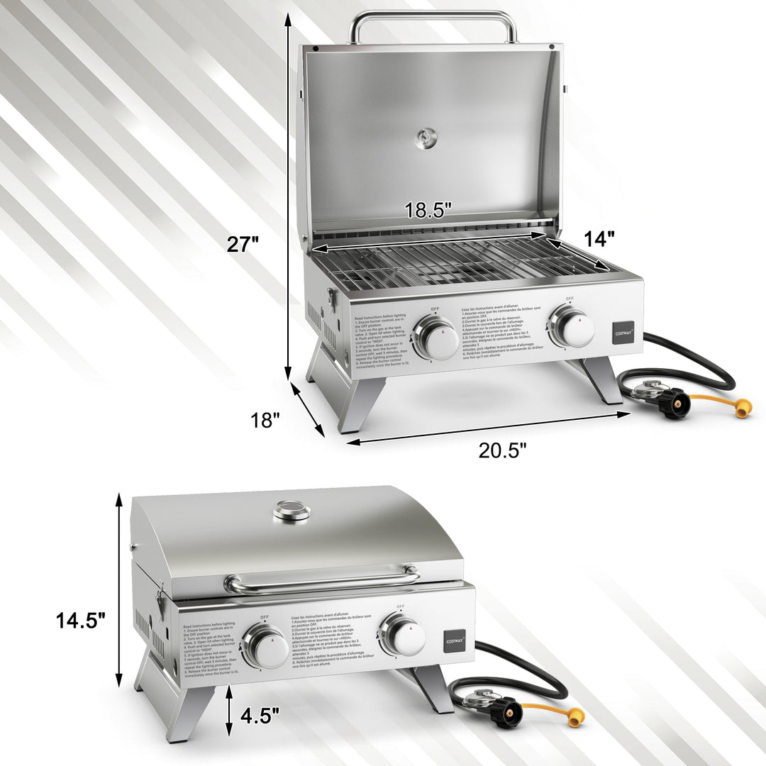 Propane TableTop Gas Grill Stainless Steel Two-Burner BBQ