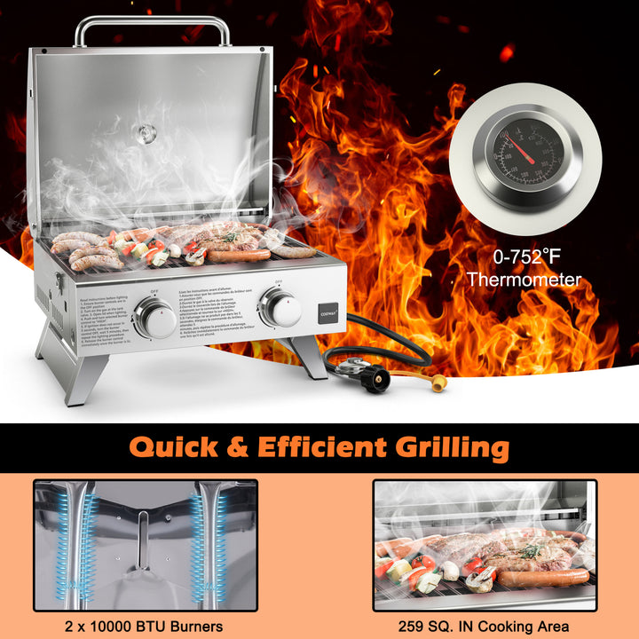 Propane TableTop Gas Grill Stainless Steel Two-Burner BBQ