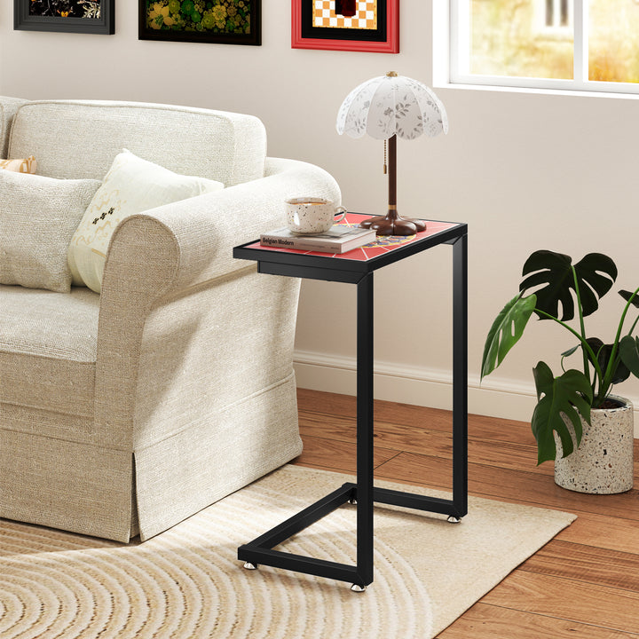 Giantex C-Shaped Outdoor Side Table - Patio End Table w/Ceramic Top &amp; Metal Frame
