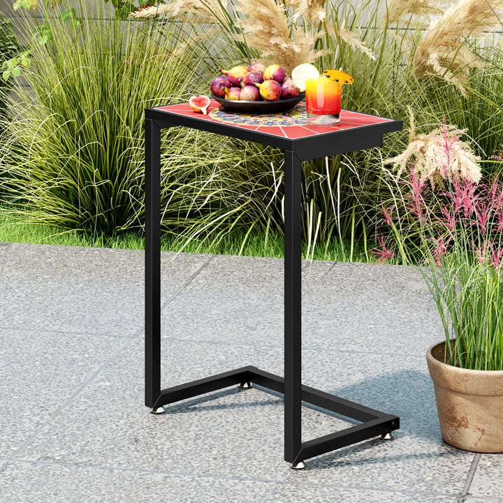 Giantex C-Shaped Outdoor Side Table - Patio End Table w/Ceramic Top &amp; Metal Frame