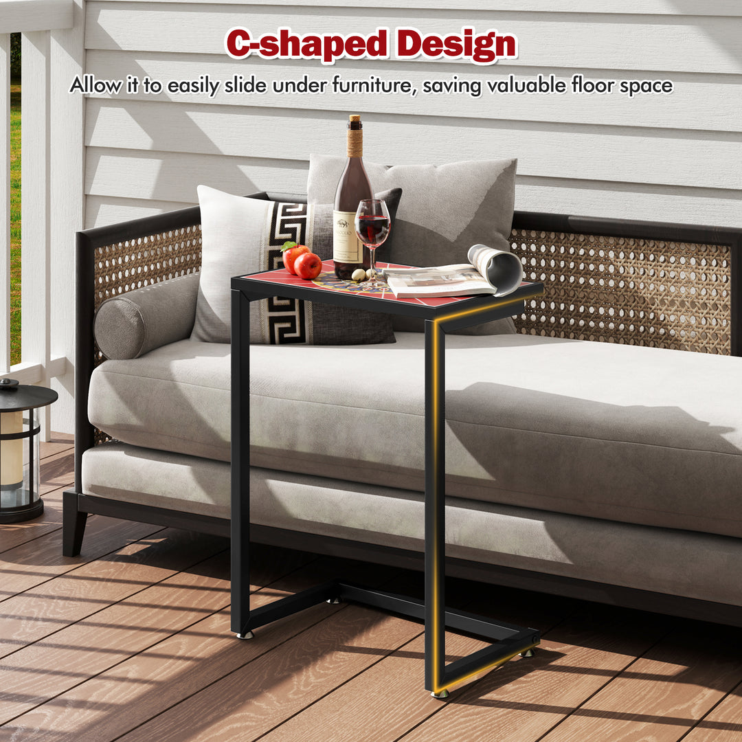 Giantex C-Shaped Outdoor Side Table - Patio End Table w/Ceramic Top &amp; Metal Frame