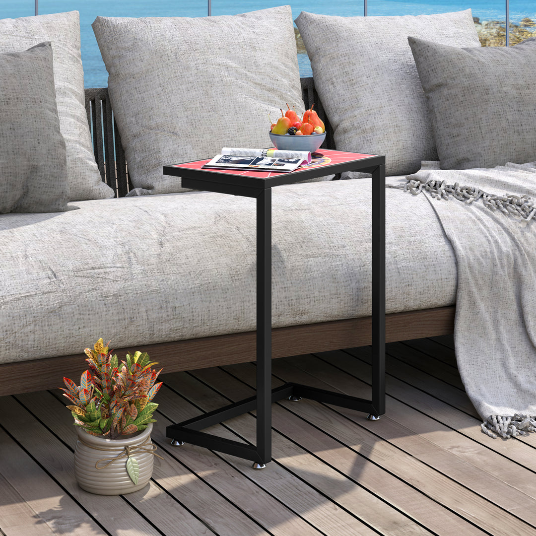 Giantex C-Shaped Outdoor Side Table - Patio End Table w/Ceramic Top &amp; Metal Frame