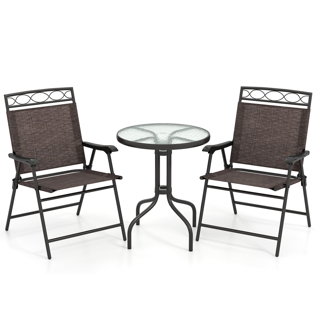 Giantex Patio Dining Set Round Glass Table with 2 Patio Folding Chairs(Brown)