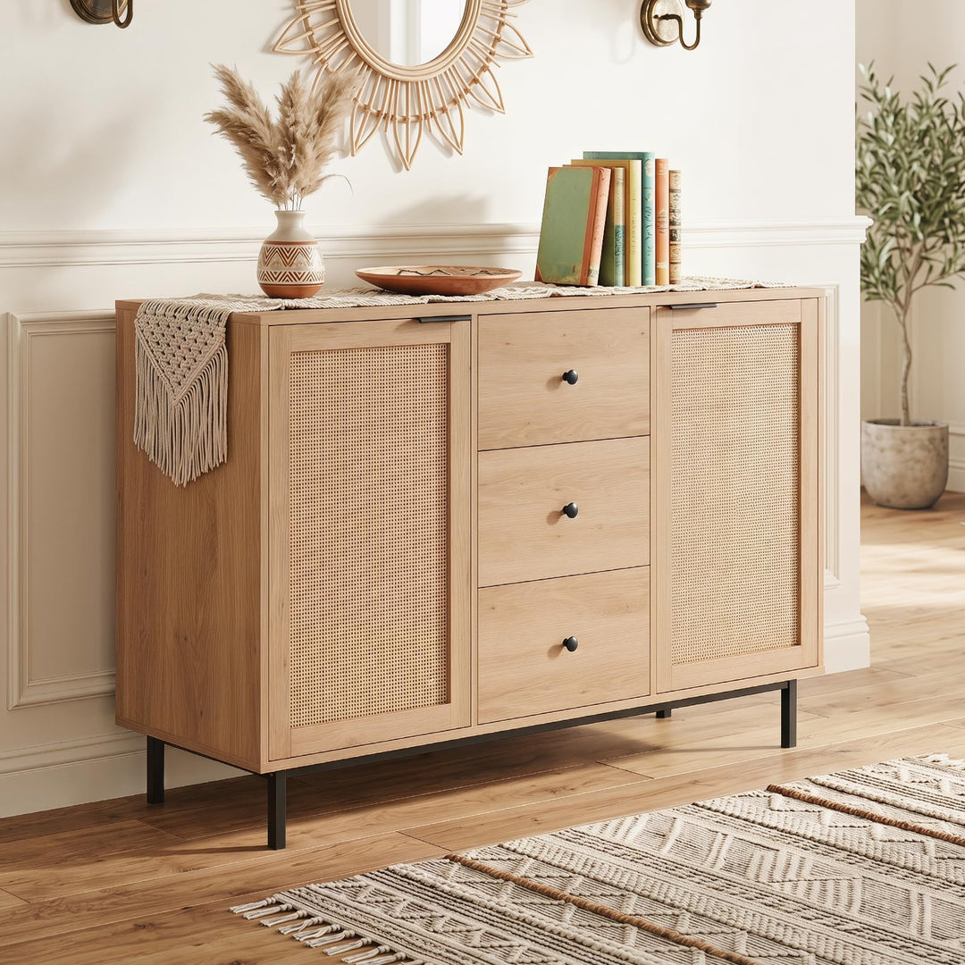 Giantex 47.5 Sideboard Buffet Cabinet with Storage with 2 Rattan Doors and 3 Drawers