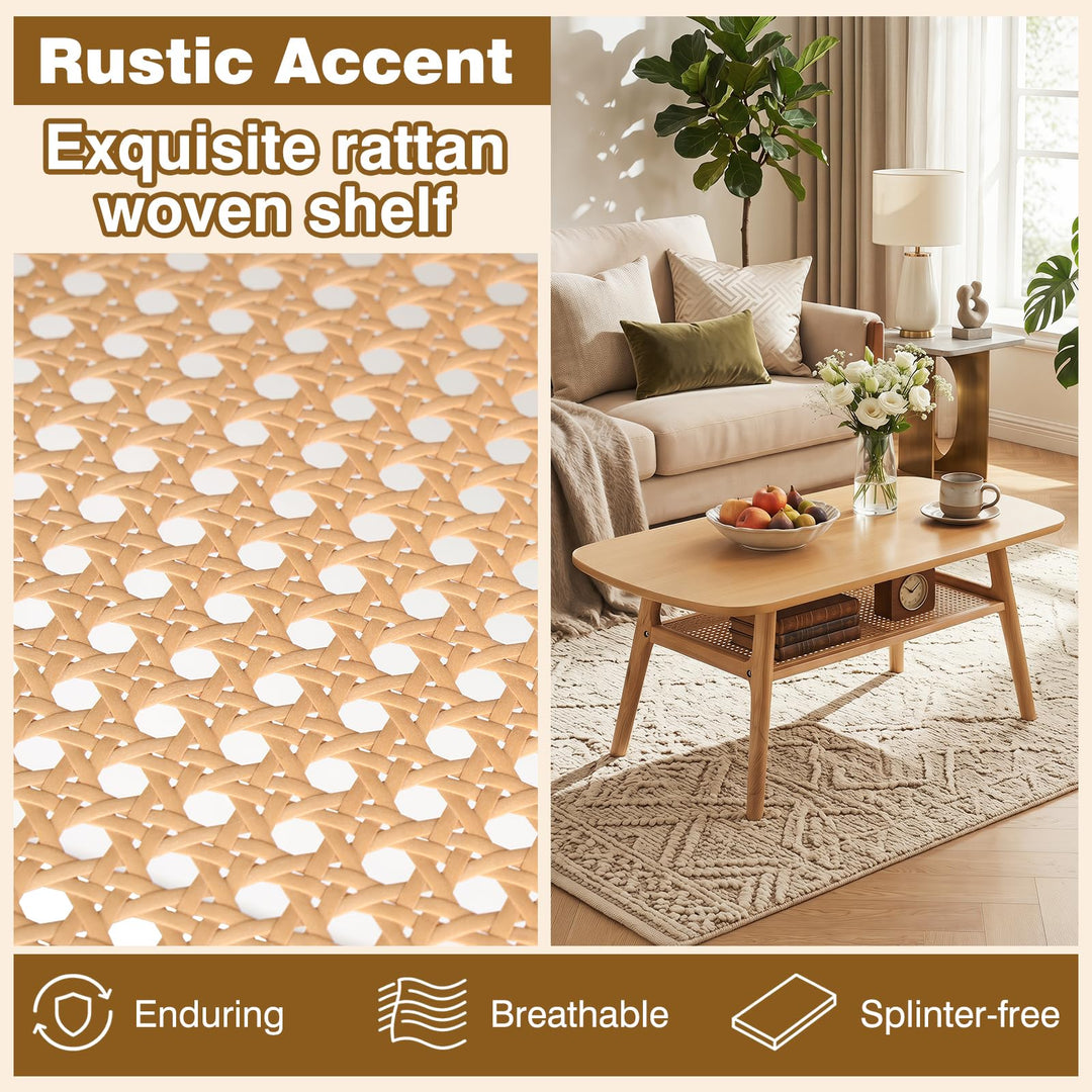 Giantex Rattan Coffee Table with Storage &amp; Solid Rubber Wood Legs