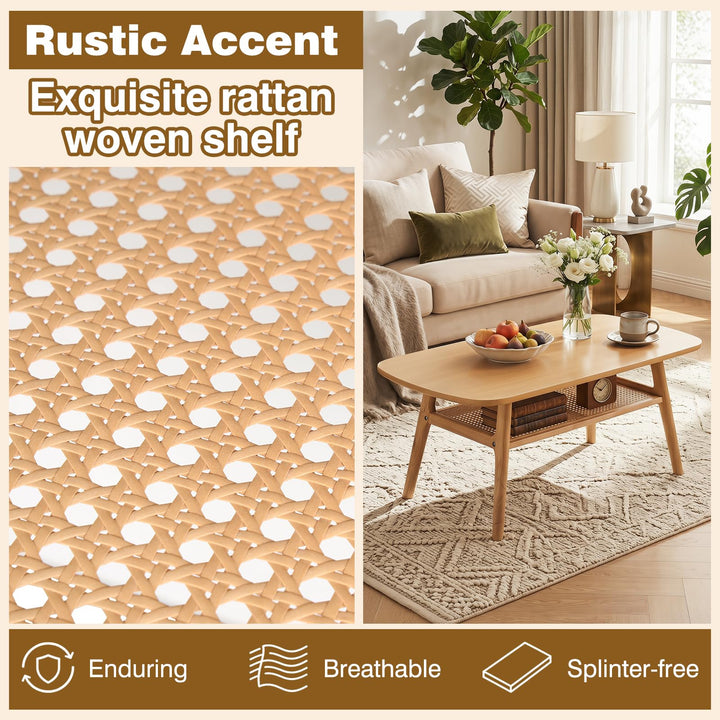 Giantex Rattan Coffee Table with Storage &amp; Solid Rubber Wood Legs