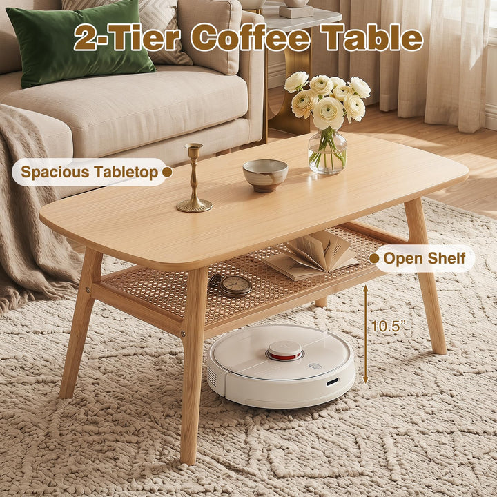 Giantex Rattan Coffee Table with Storage &amp; Solid Rubber Wood Legs