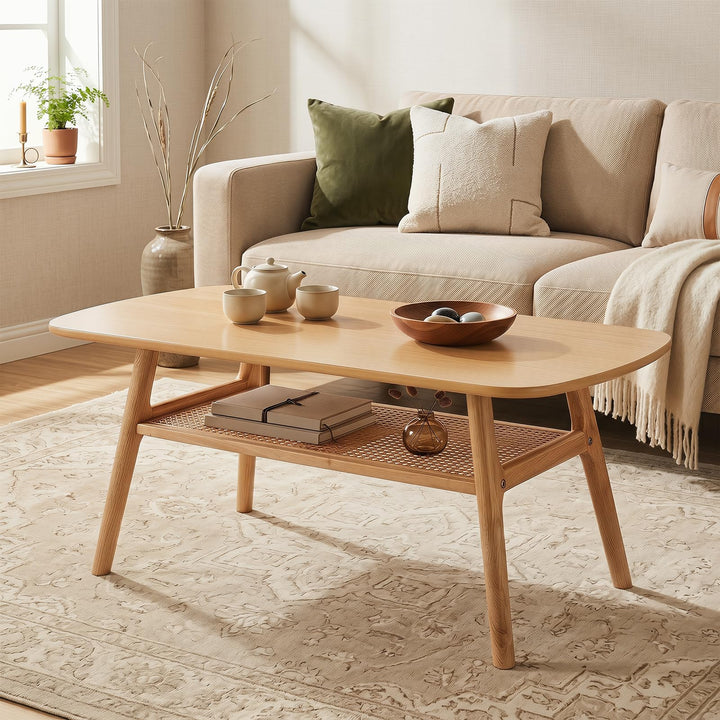 Giantex Rattan Coffee Table with Storage &amp; Solid Rubber Wood Legs