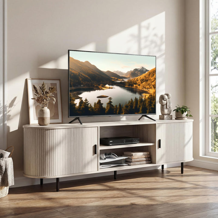 Giantex Fluted TV Stand for 80" TVs with Fluted Sliding Doors &amp; Open Shelves