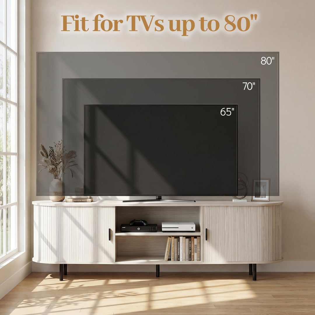 Giantex Fluted TV Stand for 80" TVs with Fluted Sliding Doors &amp; Open Shelves