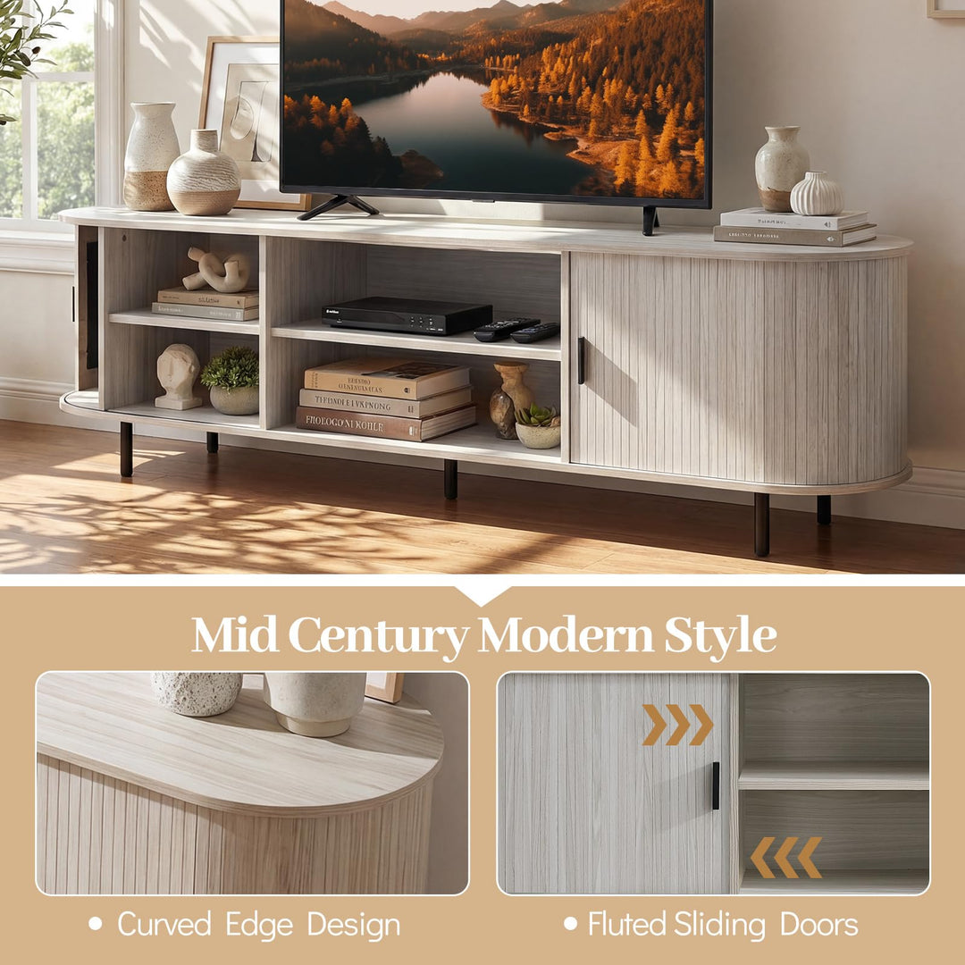 Giantex Fluted TV Stand for 80" TVs with Fluted Sliding Doors &amp; Open Shelves