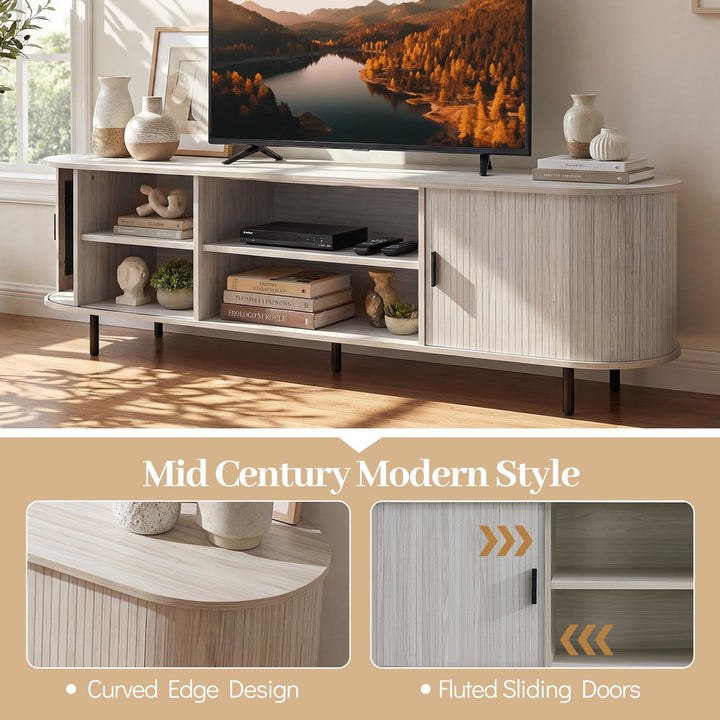 Giantex Fluted TV Stand for 80" TVs with Fluted Sliding Doors &amp; Open Shelves