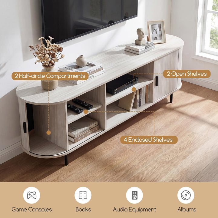 Giantex Fluted TV Stand for 80" TVs with Fluted Sliding Doors &amp; Open Shelves