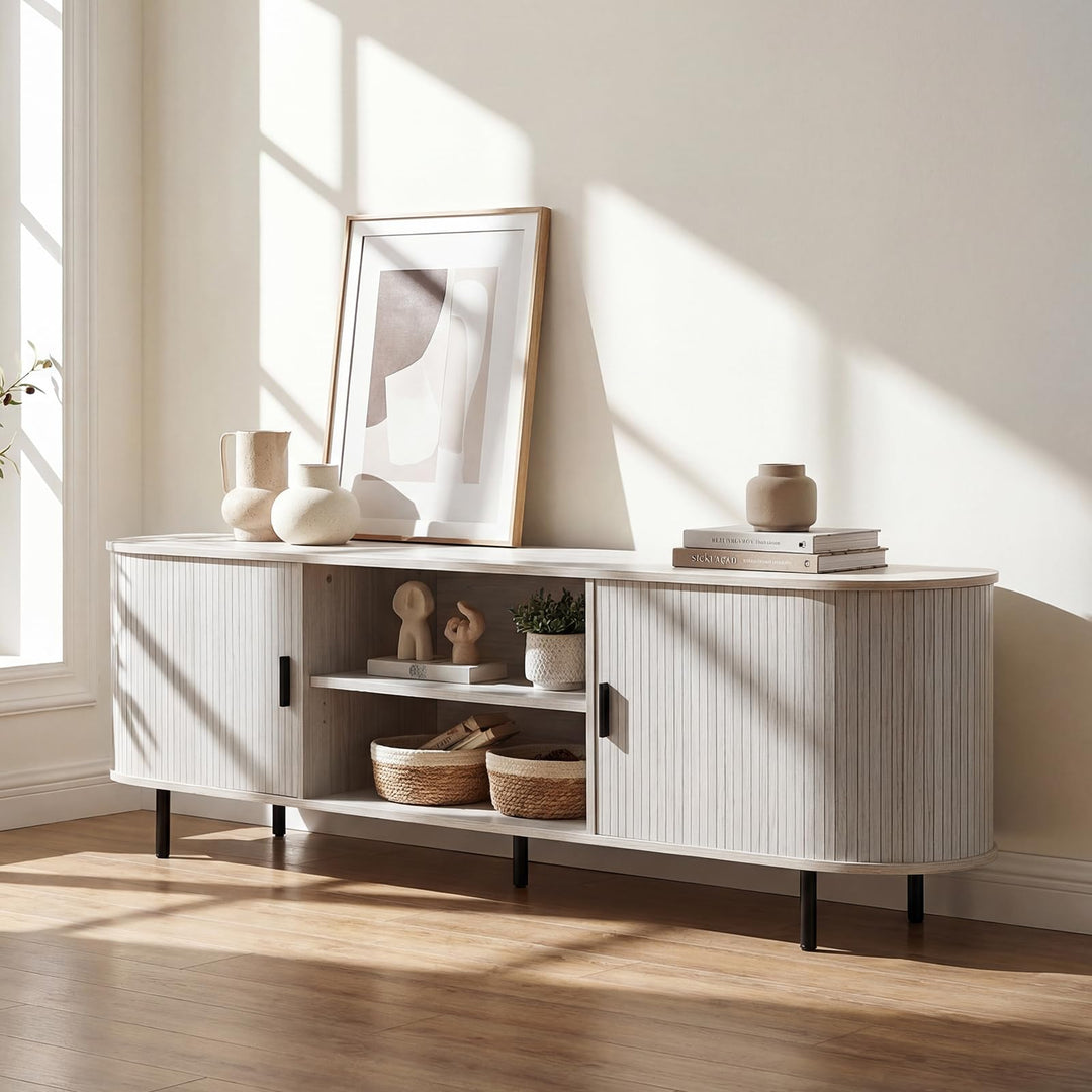 Giantex Fluted TV Stand for 80" TVs with Fluted Sliding Doors &amp; Open Shelves