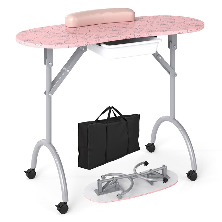 Foldable Nail Table Workstation with Lockable Wheels