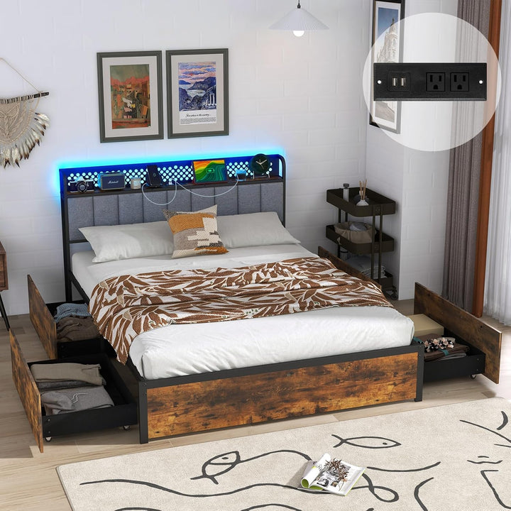 Giantex Queen/Full/Twin Size LED Bed Frame with Charging Station, Metal Platform Bed with Upholstered Headboard &amp; 4 Storage Drawers
