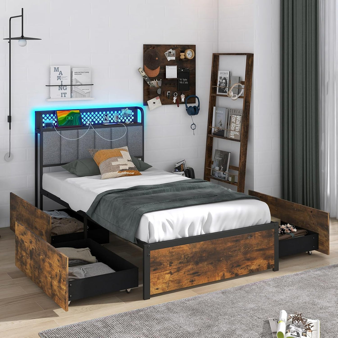 Giantex Queen/Full/Twin Size LED Bed Frame with Charging Station, Metal Platform Bed with Upholstered Headboard &amp; 4 Storage Drawers