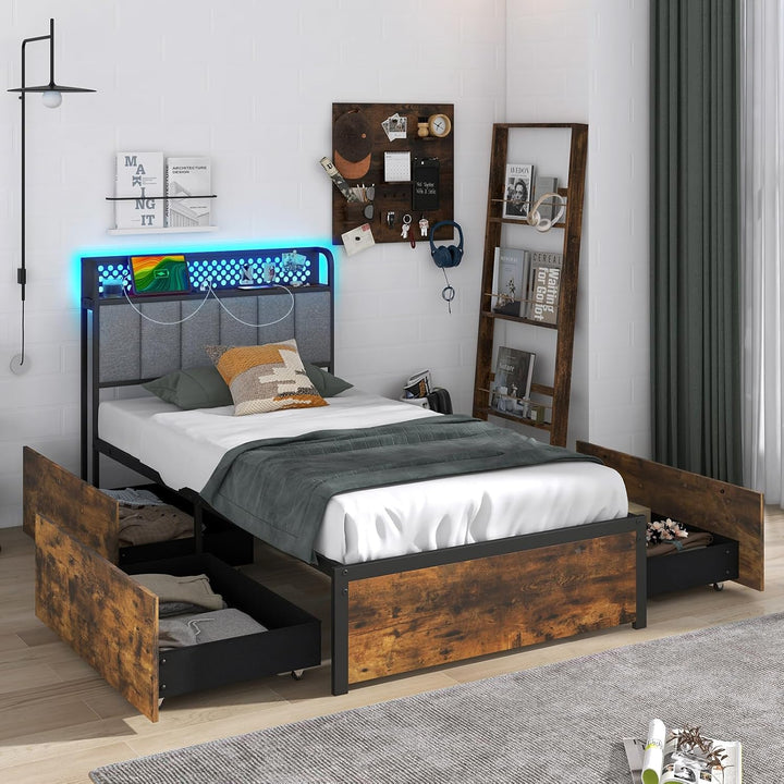 Giantex Queen/Full/Twin Size LED Bed Frame with Charging Station, Metal Platform Bed with Upholstered Headboard &amp; 4 Storage Drawers