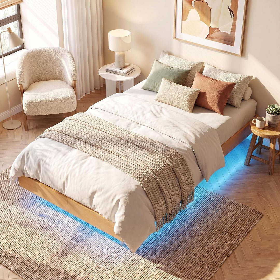 GIANTEX Wood Floating Bed Frame Queen Size with Smart LED Light, Natural | Modern Platform Bed w/Heavy Duty Mattress Foundation