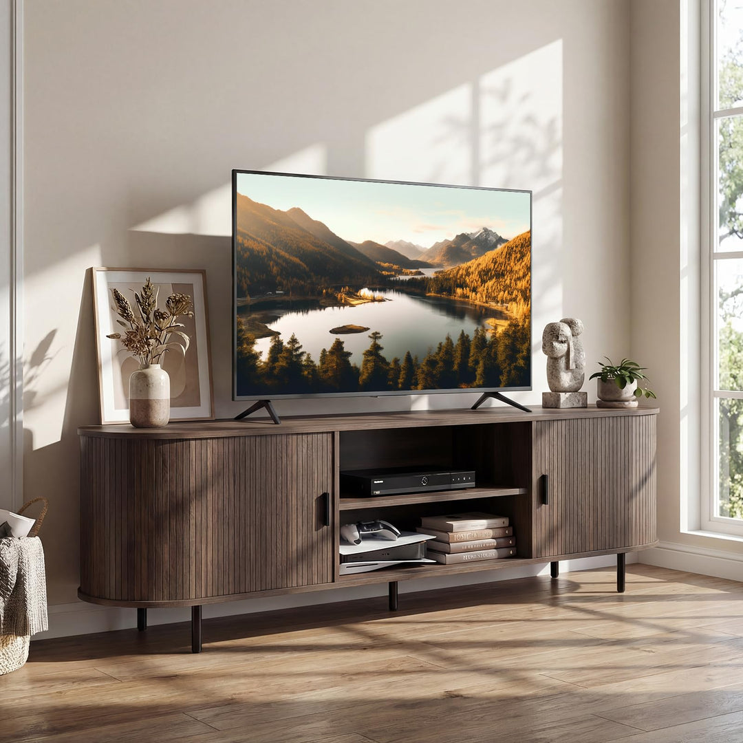 Giantex Fluted TV Stand for 80" TVs with Fluted Sliding Doors &amp; Open Shelves
