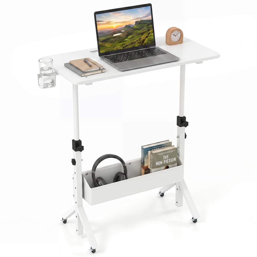 Giantex 31.5 Small Mobile Standing Desk with Wheels &amp; Storage Basket &amp; Tablet Slot