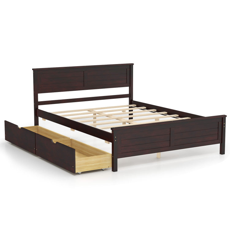 Giantex Wood Full Size Bed Frame with 2 Storage Drawers, Solid Wood Platform Bed with Headboard