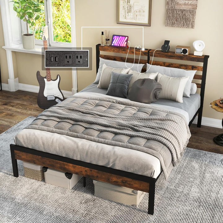Giantex Queen Metal Platform Bed Frame with Wooden Headboard &amp; Footboard, Rustic Brown