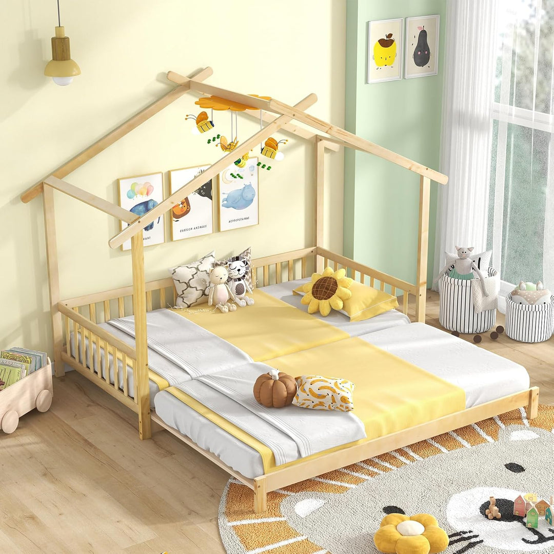 Giantex Extendable House Bed for Kids, Twin to King Daybed with Roof &amp; Fence Rails, Wood Kids Bed Frame for Teens