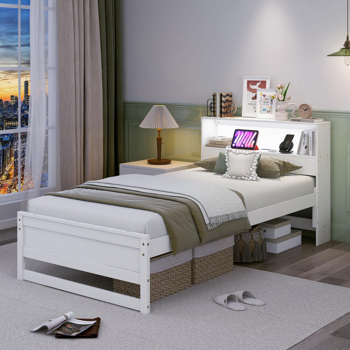 Giantex Twin Bed Frames with Storage Headboard, Wood Platform Bed with Charging Station &amp; LED Light