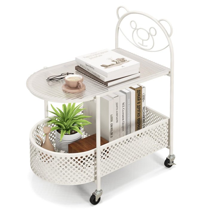 Giantex Mobile Glass Coffee Table, 2-Tier Modern Cocktail Table with Bear Pattern, Storage Basket &amp; Metal Frame