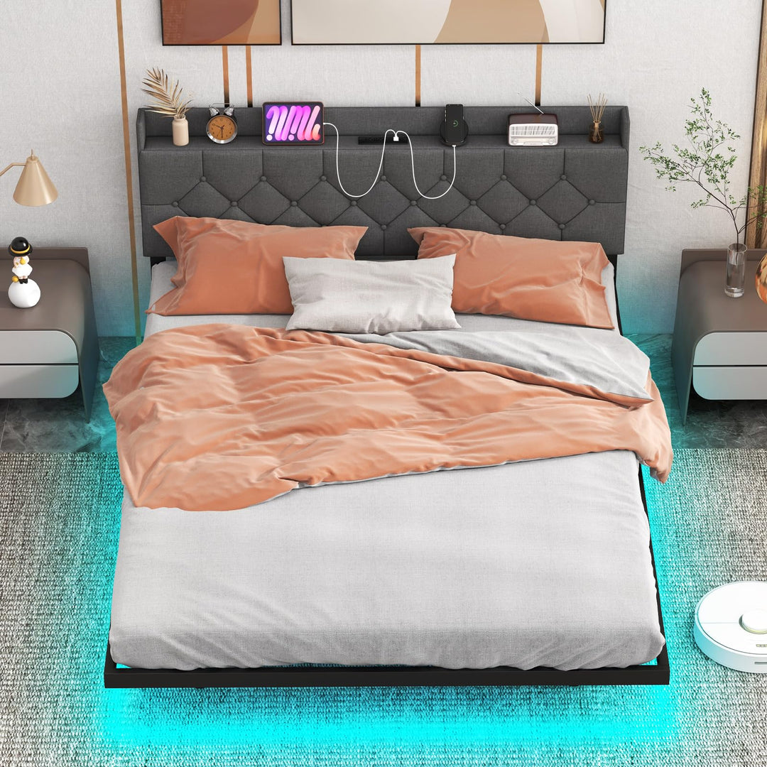 Giantex Queen/Full Size Floating Bed Frame with LED Lights, Modern Platform Bed with Adjustable Upholstered Headboard &amp; Charging Station